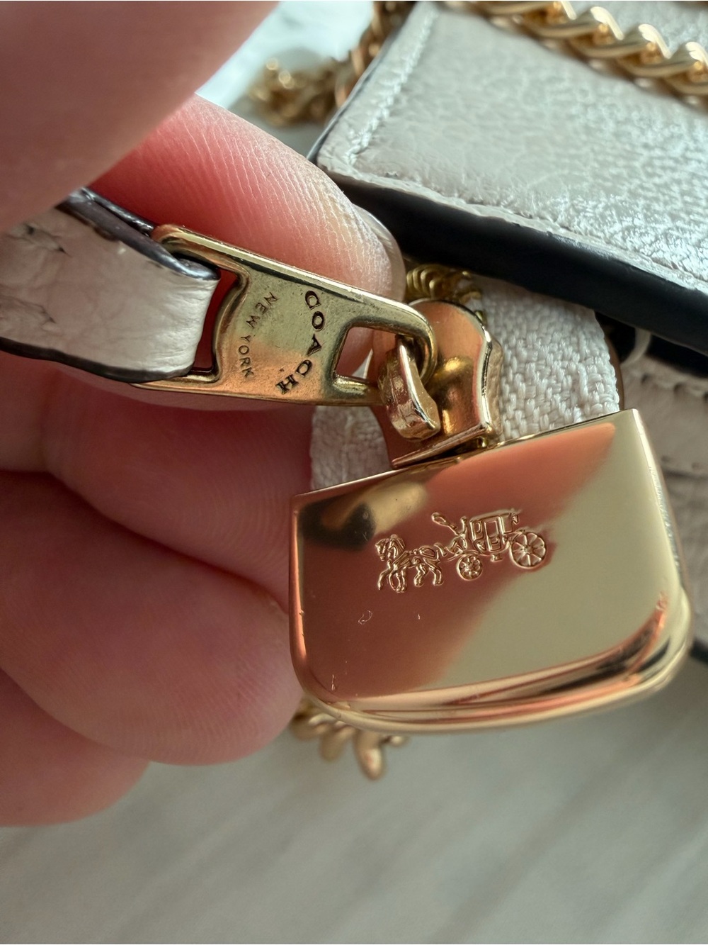 Coach Cream-White Pebbled Leather Mini Bag Charm with Gold-Tone Chain